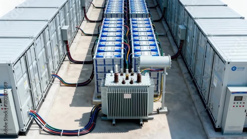 Medium shot of gridlevel energy storage arrays in an outdoor facility highlighting infrastructure for balancing and stabilizing regional power supply.