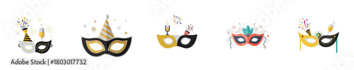 Masquerade Mask Vector Decorative Flat Design Party Celebration with Festive Elements and New Year Theme