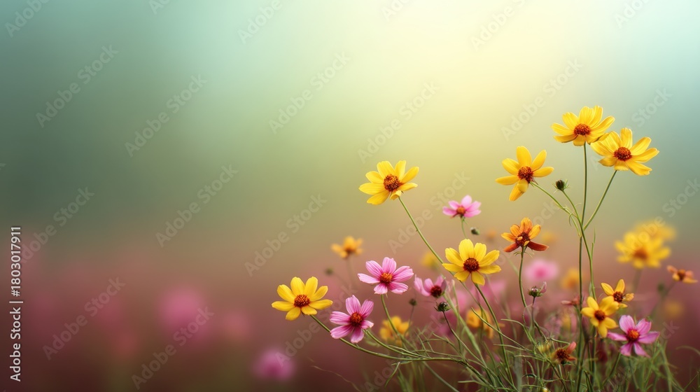 Obraz premium Delicate Wildflowers in Vibrant Colors Blomming on a Gentle Meadow Under a Soft Blurred Background with Nature's Serene Atmosphere