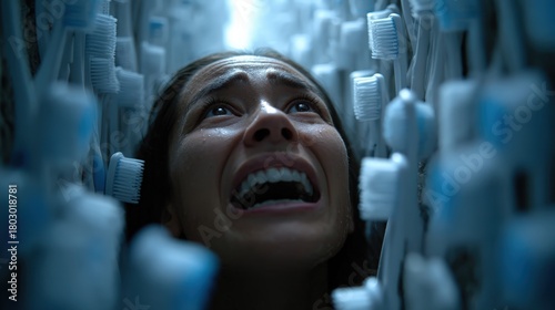 A woman with tears in her eyes is caught in a tangled maze of toothbrushes, symbolizing the feelings of entrapment and emotional distress prevalent in modern life, presented in a visually stunning co