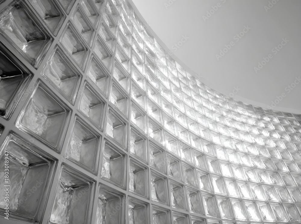 Obraz premium Black and white photograph of curved wall made from glass blocks, showcasing modern architectural design with light reflections