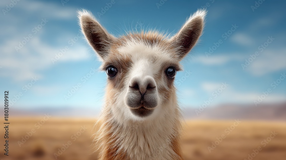 Fototapeta premium Close-up Portrait of a Curious Llama with Soft Fur Against a Clear Blue Sky in a Sunny Landscape