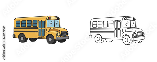 Stylized vector drawing of a classic American yellow school bus with blue windows, shown in both flat color and black outline versions on a clean white background, for education and transport concepts