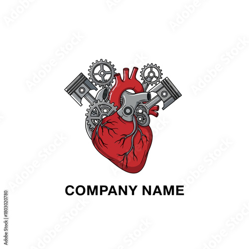 Human Heart with Engine Parts and Gears Logo Design.
