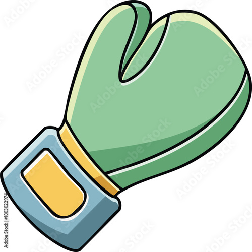 A vibrant cartoon illustration of a single green boxing glove, symbolizing sports, competition, and combat training, isolated on a white background