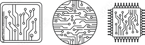 Circuit board and microchip line icons set, electronic technology, cpu processor, digital hardware, and network symbols vector.
