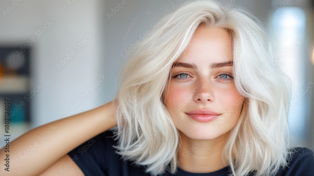 Fototapeta premium This close-up image captures the beauty of a young woman with white hair and freckles, highlighting her striking features and natural charm, ideal for lifestyle or beauty promotion.