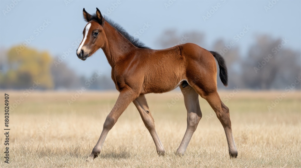 Fototapeta premium Beautiful Young Foal Walking Gracefully in a Lush Green Pasture Under Clear Blue Sky with Vibrant Autumn Trees in the Background