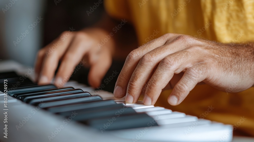Fototapeta premium Beautiful close-up of hands skillfully playing piano keys, capturing the emotion of music through tactile expression, where each note resonates with the passion and creativity of the musician.