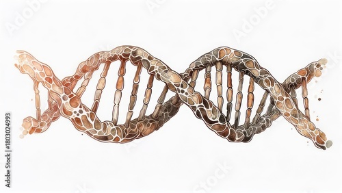 Watercolor depiction of a DNA double helix, detailed with natural tones, set against a white backdrop