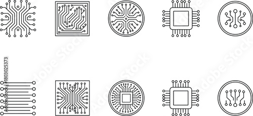 Circuit board line icons set, microchip, cpu, electronic technology, digital hardware, and network path symbols vector.