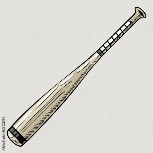 Hand-drawn illustration of a classic wooden baseball bat, ideal for sports, games, and recreational themes, representing essential athletic equipment for team play