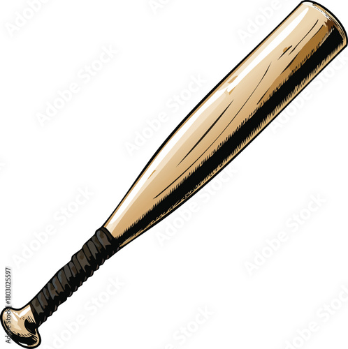 Classic Baseball Bat Illustration with Wooden Texture and Wrapped Handle