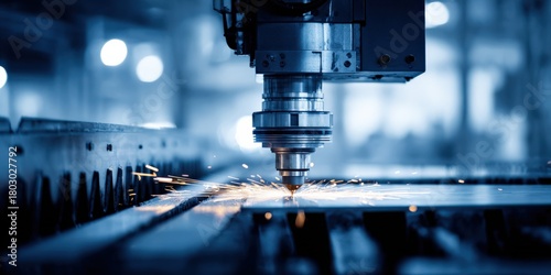 Industrial CNC Machine Producing Sparks While Cutting Metal