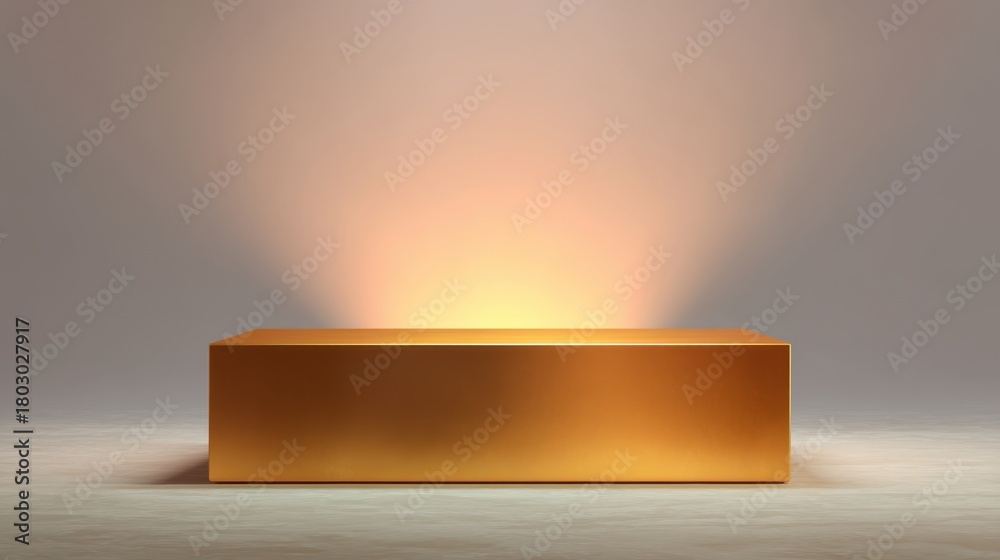 Obraz premium Stunning Golden Display Pedestal with Radiant Glow Under Soft Lighting for Showcasing Art, Products, and Decorative Items in Modern Interiors