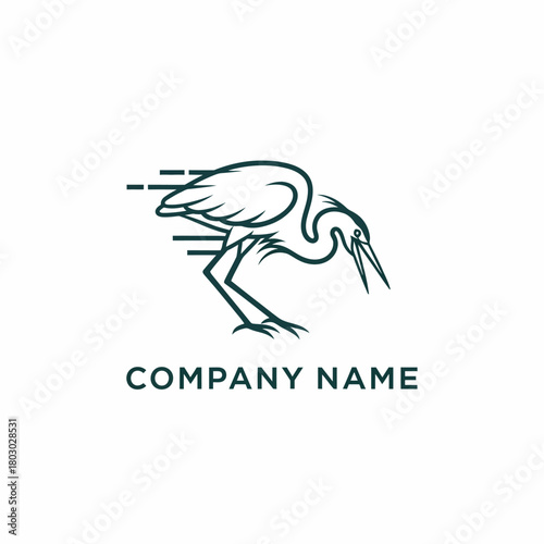 Minimalist Line Art Logo of a Running Heron Bird.