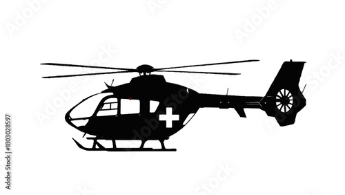 Vector illustration of silhouette of a medical helicopter with a red cross symbol, isolated on transparent background 