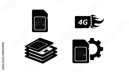 Vector illustration of collection of sim cards and 4g icon, isolated on transparent background