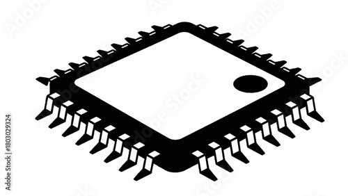 Vector illustration of black and white illustration of a computer microchip with many pins, isolated on transparent background 