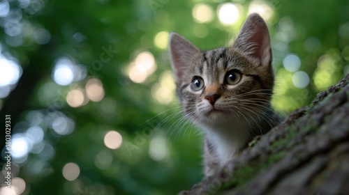 Curious Tabby Kitten Exploring Nature with Green Background and Soft Bokeh Effect in a Peaceful Outdoor Setting