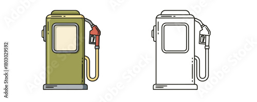 Stylized retro fuel pump dispenser with nozzle and hose, shown in both flat color and black outline versions on a clean white background, representing gasoline, energy, and transportation concepts