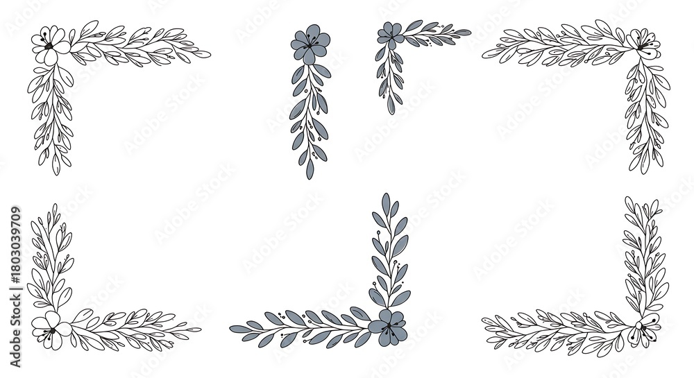 Obraz premium Elegant Floral Corner Ornaments - Delicate Botanical Illustrations on White Background.