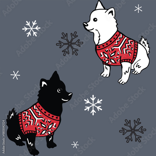 Winter dogs and snowflakes seamless pattern. Christmas background. Vector illustration.