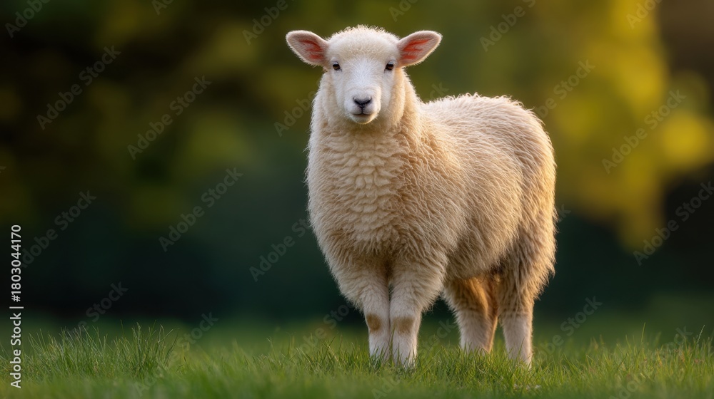 Obraz premium Adorable fluffy lamb standing in lush green grass against a blurred natural background in a serene pastoral setting during golden hour light