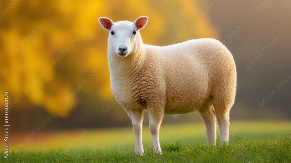 Obraz premium Majestic Sheep Standing Gracefully in a Lush Green Field Surrounded by Autumn Colors and Soft Morning Light Creating a Serene Nature Scene