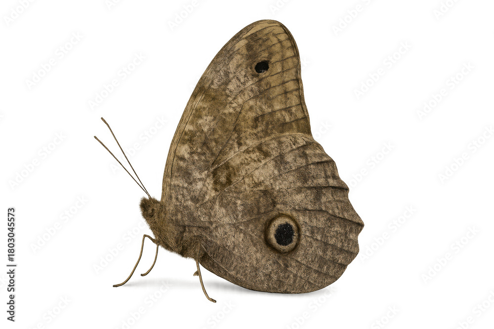 Fototapeta premium Brown wood-nymph butterfly displaying natural camouflage patterns and eyespots on its wings, isolated with a transparent background