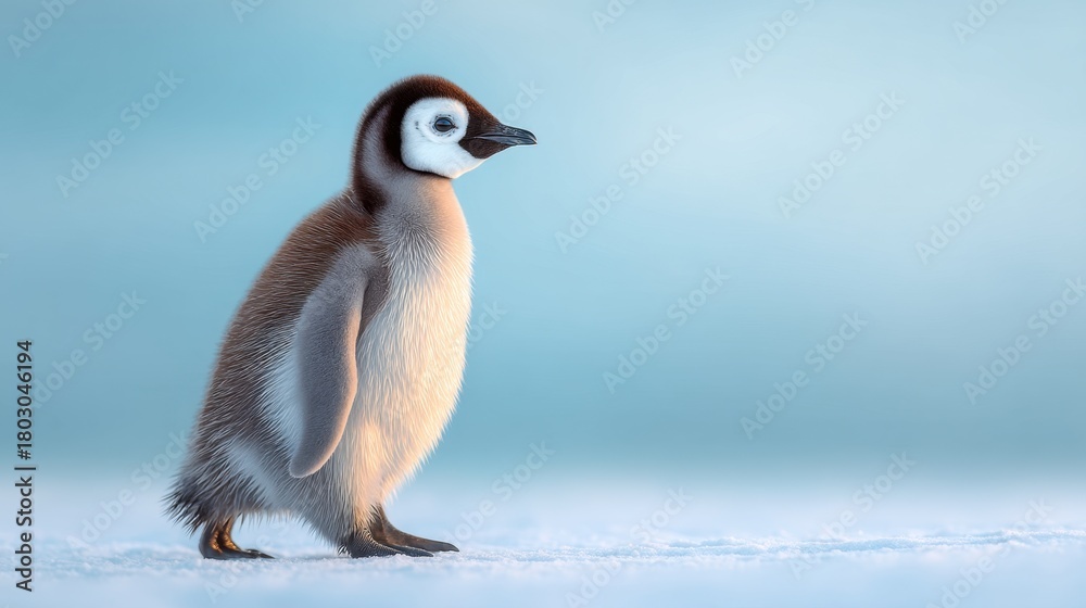 Fototapeta premium Adorable young penguin standing on icy surface in a serene winter landscape, showcasing soft feathers and a curious demeanor in an enchanting setting