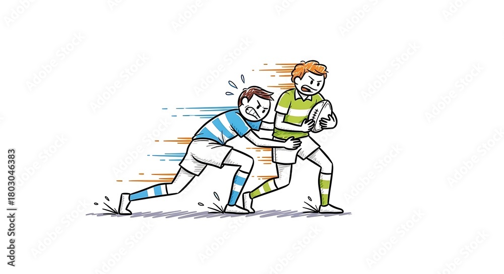 Fototapeta premium Dynamic Rugby Match Illustration - Tackle and Ball Possession.