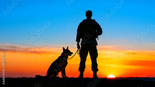 Silhouette of a soldier and his dog standing against a vibrant sunset sky showcasing military service and companionship with themes of loyalty dedication and the bond between humans and animals at dus