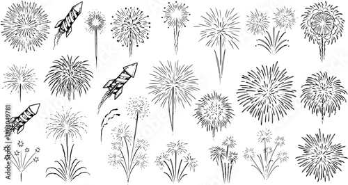 Hand-drawn Fireworks and Rockets Sketch Set. Doodle Collection of Festive Explosions, Firecrackers, and Ground Displays for Celebrations, New Year, Parties, and Events.