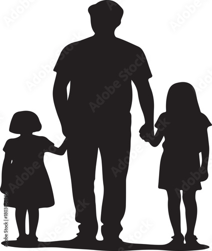 Black silhouette of a father holding hands with two young daughters standing side by side