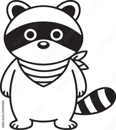 Cute cartoon raccoon wearing a striped bandana standing with a bushy striped tail animal