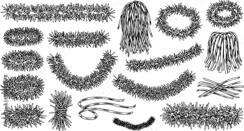 Hand-drawn Christmas Tinsel, Garland, Wreaths, and Decorative Elements Vector Set. Sketch style holiday decorations in black and white.
