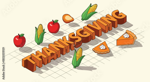Isometric illustration of 'THANKSGIVING' text surrounded by vector fruits and vegetables on a grid background with a warm color palette.