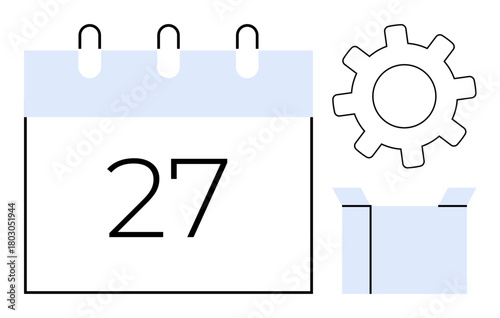 Calendar with number 27, gear symbol, and open box. Ideal for scheduling, productivity, project management, planning, logistics workflow deadline setting. Simple flat metaphor