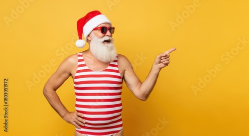 Elderly man in santa hat and striped swimsuit pointing with confident smile on yellow background