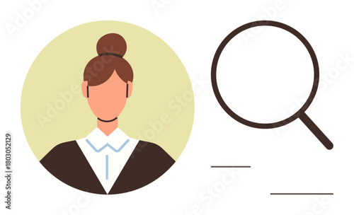 Female avatar with hair in bun, formal attire, next to outlined magnifying glass. Ideal for recruitment, job search, profile reviews, team management, HR tools talent search professionalism. Flat