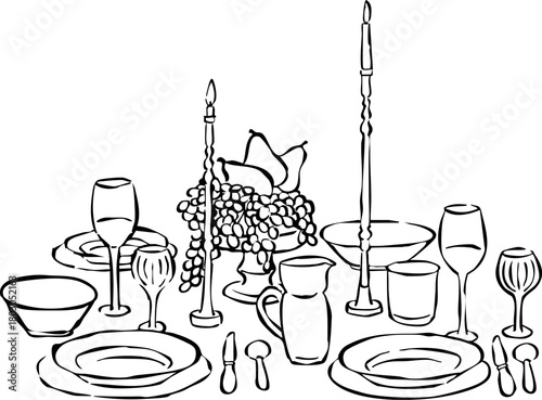 Mesa de cena dibujada a mano. Ilustración para invitación, papelería o branding. Icono de cena para invitación de fiesta. Decoración de mesa.