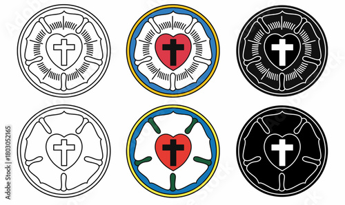 Set of Luther rose or Luther seal icon in outline, colored, and silhouette.for faith, Christianity, church graphics, religious symbols, and spiritual design, emblem. isolated white background