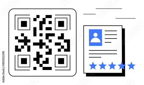 QR code alongside a profile card with user information and a five-star rating. Ideal for digital identity, customer reviews, online profiles, authentication, rating systems, business apps