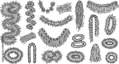 Hand-drawn Festive Garlands and Tinsel Decorations Set. Vector Sketch Collection of Christmas and Party Ornaments, Fringe, and Decorative Elements.