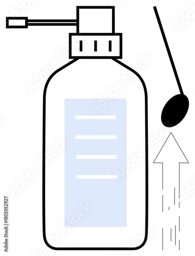 Bottle with pump dispensing liquid, droplet falling, and upward arrow representation. Ideal for hygiene, cleanliness, healthcare, handwashing, sanitation safety and daily life. Minimalist flat