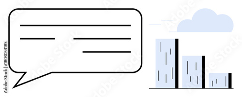 Speech bubble beside a bar chart showing descending trends and a cloud. Ideal for communication, business strategy, analytics, market analysis, feedback, data interpretation, simple flat metaphor