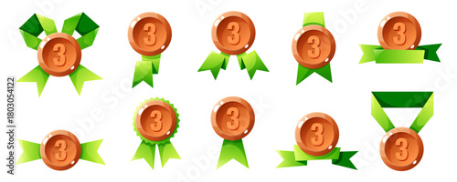 Set of ten bronze medals with green ribbons and banners. Each medal features the number three prominently. Suitable for awards and competitions.
