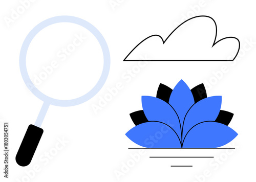 Magnifying glass next to a cloud and blue lotus flower over water. Ideal for discovery, mindfulness, research, nature, serenity, clarity, self-reflection. Simple flat metaphor