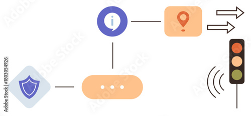 Shield ensuring security, information bubble, location pin linking to a traffic light with signal waves. Ideal for security, navigation, digital connection, IoT, traffic control, network systems